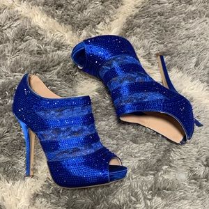 Blue Rhinestone Peep-Toe Heels
